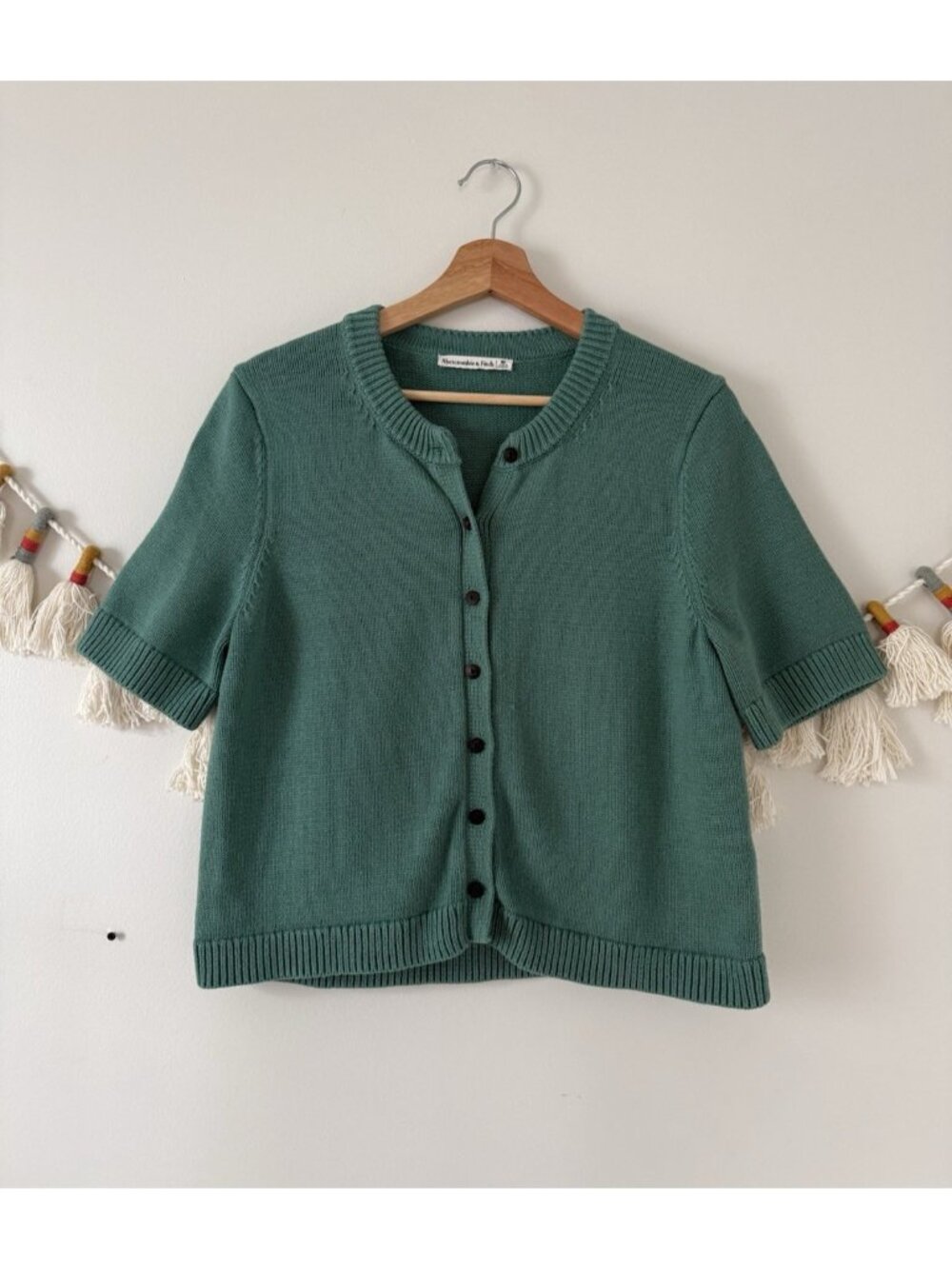 Abercrombie & Fitch Deep Sea Green Knit Crewneck Short Sleeve Cardigan Cottage M